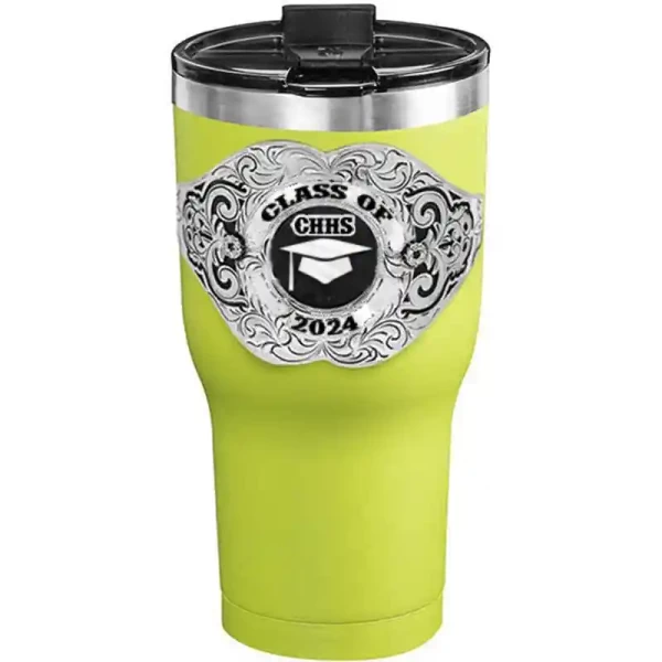 A customized tumbler made of stainless steel with a personalized engraved Class of 2024 lettering with graduate cap figure, 30 oz, ideal for coffee or cool drinks